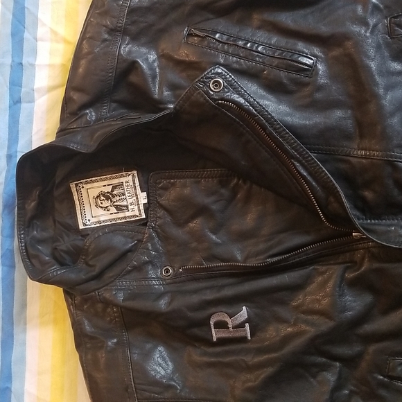 Black Leather Jacket with Embroidered R on Chest - Picture 7 of 12